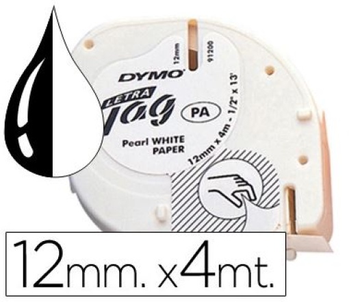 Fita Papel Dymo SO721510 Letratag 12mmx4m Preto/Branco (91220) Texto Preto Fita Branca