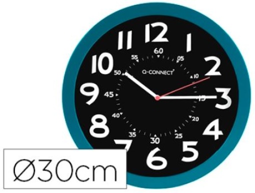 Relogio Q-Connect de Parede Plastico de Escritorio Redondo 30cm Azul e Preto