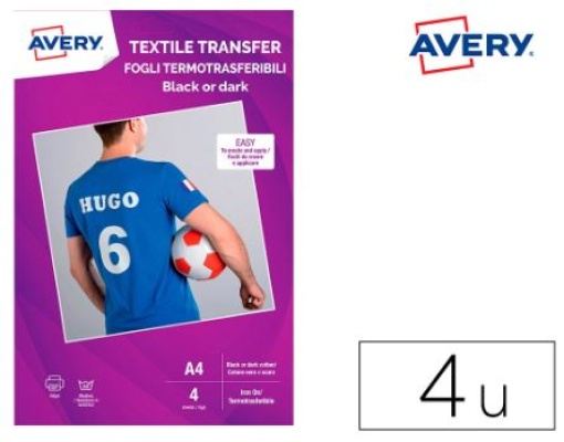 Papel Transfer Avery Para T-Shirts de Algodao Cores Escuras Impressao Jato Tinta A4 Pack de 4Folhas