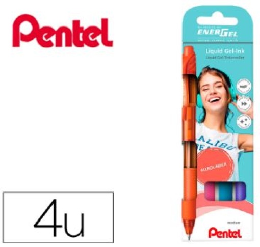 Esferografica Pentel Energel BL107 Em Blister de 4un Cores Laranja, Roxo, Azul Ceu e Rosa