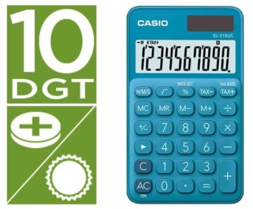 Calculadora Casio SL-310UC-BU Bolso 10Digitos Tax +/- Tecla Duplo Zero Azul