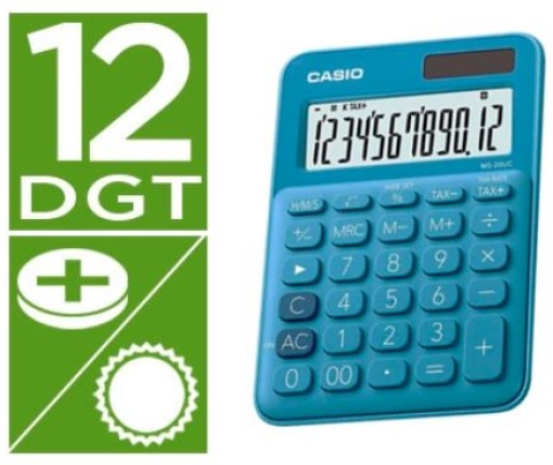Calculadora Casio MS-20UC-PK Secretaria 12 Digitos tax +/-  Azul
