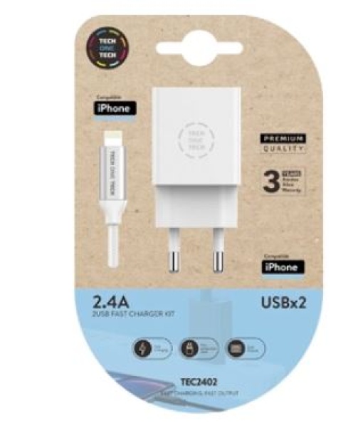 Carregador Tech One Tech 2.4 Duplo USB + Cabo Braided Nylon Micro USB Apple 1m Branco