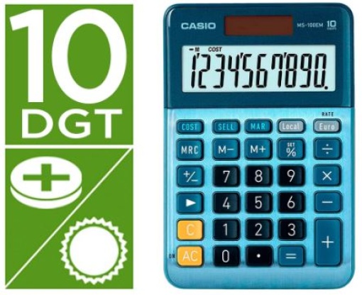 Calculadora Secretaria Casio MS-100EM 10 Digitos TX +/- Tecla Duplo Zero Azul