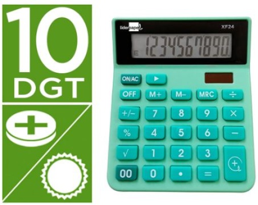 Calculadora Secretaria Liderpapel XF24 10 Digitos Solar/Pilhas Verde 127x105x24 mm.