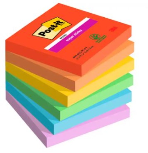 Bloco Notas Adesivas Post-it Super Sticky Playful 76x76mm 90 Folhas 100% PEFC Pack 6un