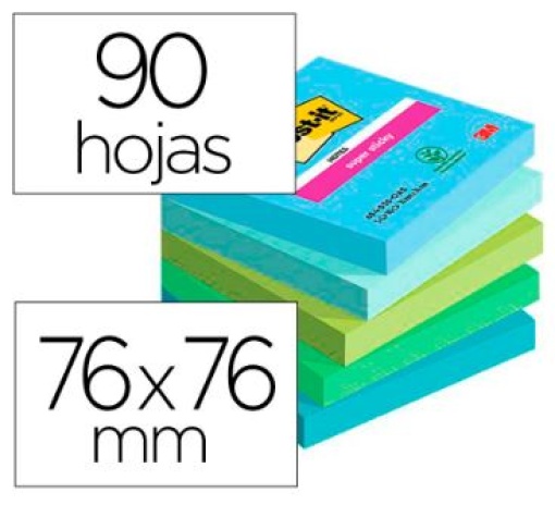 Bloco de Notas Adesivas Post-It Super Sticky Oasis 76x76mm 90fls 100% Pefc Pack de 5 Unidades (7100258898)
