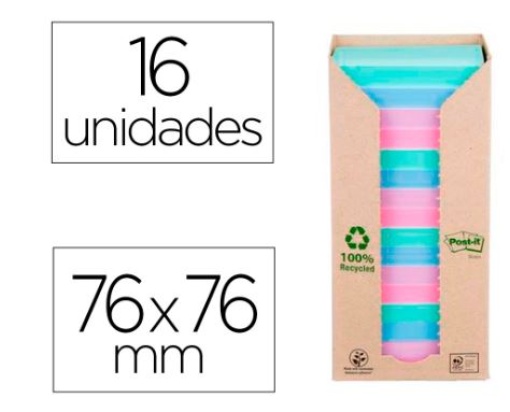 Bloco Notas Adesivas Post-it 76x76mm 100% Reciclado PEFC Pack de 16un Sortidas (7100259226)
