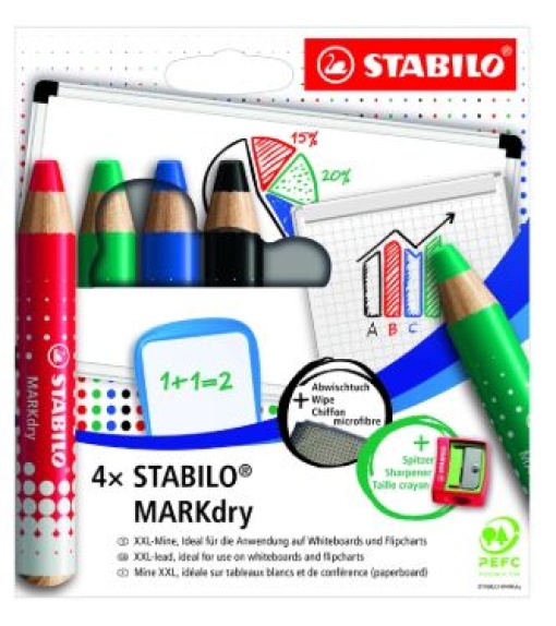 Lapis Marcador Seco Stabilo Markdry Para Quadro Branco Estojo de 4un Cores Sortidas
