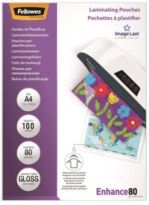 Bolsas Plastificaçao Fellowes A4 220x306mm 80mic Adesivas 100un