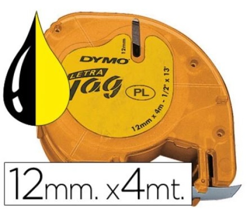 Fita Gravacao Plastica Dymo Letratag 12mmx4m Preto/Amarelo (91202) (S0721620)