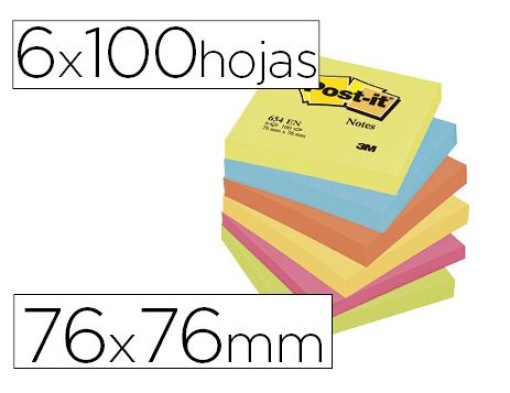 Bloco de Notas Adesivas Post-It Neon 76x76mm Emb. 6x100fls