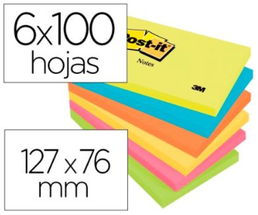 Bloco de Notas Adesivas Post-it Sortido Neon 76x127mm Pack 6 Blocos C/100fls (FT510283557) (L655-N) 