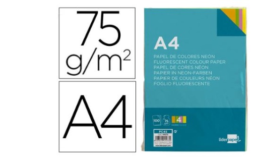 Papel Cor Liderpapel A4 75gr Pack 100Fls Quatro Cores Neon Sortidas (PC45)