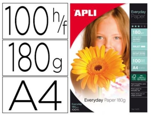 Papel Fotografia Gloss Apli A4 180gr Cx.100Fls