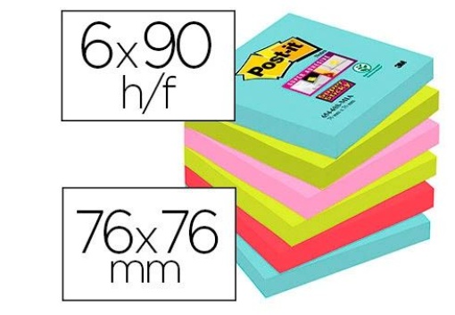 Bloco Notas Adesivas Post-it Super Sticky 76x76mm C/90folhas Pack 6Blocos Cores Sortidas Colecao Miami (70005291227)