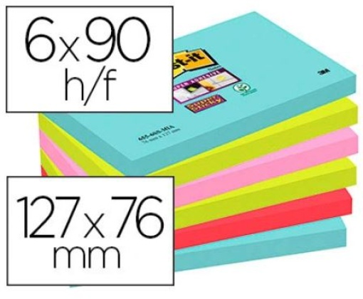 Bloco Notas Adesivas Post-it Miami Super Sticky 76x127mm Pack de 6 blocos Cores Sortidas