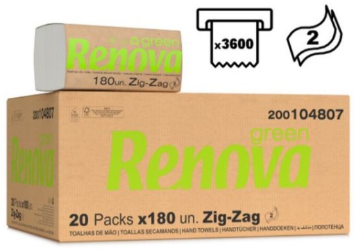 Toalha Mao Zig-Zag Tissue Renovagreen 2F 22x21,5 (20mc x 180un) Cx.3600un