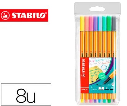 Marcador Stabilo Ponta de Fibra Point 88 Estojo de 8 Cores Pastel Sortidas