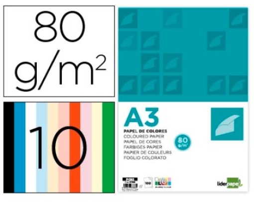 Papel de Cor Liderpapel A3 80gr 10 Cores Sortifdas Pack 100fls