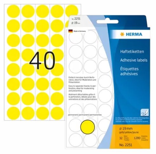 Etiqueta Herma Redonda 19mm Ref.72 2251 Amarela 32fls/40 (1280uni)