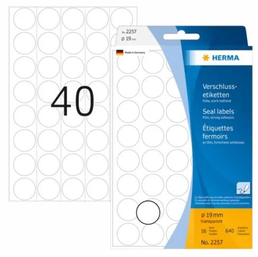 Etiqueta Herma Redonda Transparente 19mm Ref. 72 2257 P/Fecho Sacos (640uni)