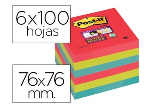 Bloco Notas Adesivas Post-It Super Sticky 76x76mm com 6 Blocos 2 Vermelhos, Verde Neon Azul (70005253458)
