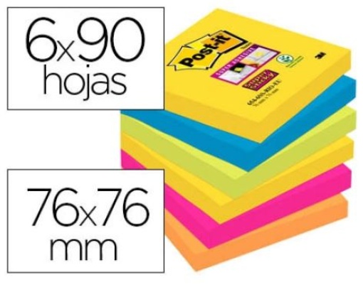 Bloco Notas Adesivas Post-it Super Sticky 76x76 mm pack de 6 blocos Cores Sortidas	