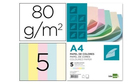 Papel Cor Liderpapel A4 80gr Pack 500Fls Quatro Cores Suaves Sortidas