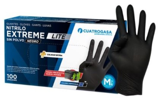 Luva Nitrilo S/Po Cuatrogasa Extreme Lite 5g Negro M (7-8) Cx.100