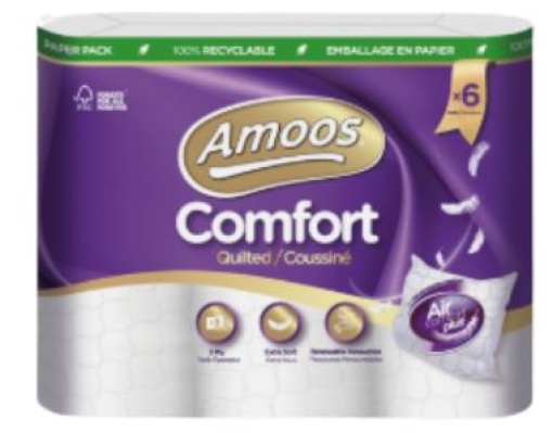 Papel Higienico Domestico Amoos Confort Acolchoado 3F 18m (152S) Pack 6un
