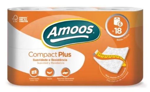 Papel Higienico Domestico Amoos Compact Plus 2Fls 48m Pack 42un (7emb.x6un)