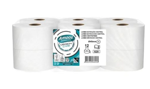 Papel Higienico Jumbo Amoos Professional Mission Care 2Fls (620S) 180mt Pack 12uni (Extraçao Central/Espiral)